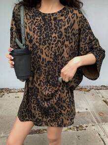 DAZY Damen lässiges überschnittenes T-Shirt mit Leoparden-Muster, weit geschnitten Y2K Oversized T-Shirt - Braun - Übersicht 6