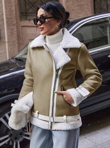 SHEIN PETITE Casual Contrast Color Lapel Thermal Lined Jacket, Autumn/Winter