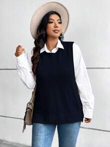 SHEIN VCAY 大码宽松纽扣下摆开衩套头毛衣背心，商务休闲女装，假日穿搭，秋冬季乡村风上衣