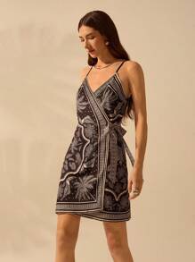 CAJUNI Women Boho Tropical Floral, Coconut Tree, Toucan Print Wrap Front Short Dress, Casual Beach Dress For Summer Vacation - Black and White - View 4