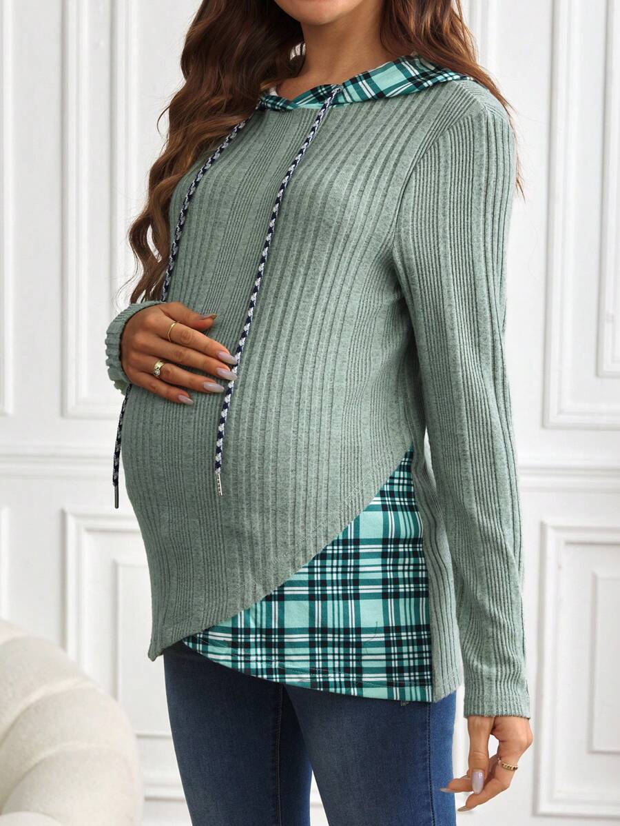 SHEIN Plaid Print Drawstring Hooded Casual Elegant Maternity T-Shirt - Mint Green - View 1