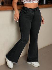 SHEIN EZwear Plus Size Casual Versatile Frayed Hem Slim Fit Flare Leg Jeans