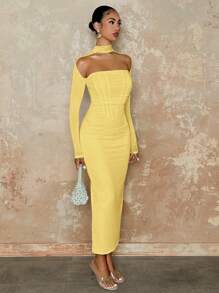SHEIN BAE Elegant Women Dress, Tube, Long Sleeve, Fishbone Pattern, White, Autumn - Yellow - View 3