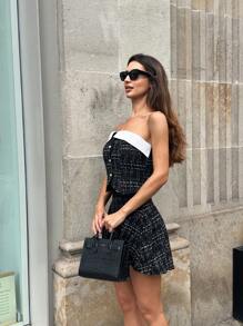 Pariaura 2pcs/Set Elegant Commuter Outfit: Tweed Bustier Top And Skirt Set - Black - View 5
