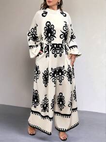 SHEIN Privé 大码女式春秋假期优雅花卉印花阔腿连体裤，带口袋，拼色无袖连体裤 - 彩色 - 查看 1