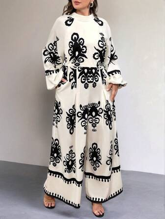 SHEIN Privé 大码女式春秋假期优雅花卉印花阔腿连体裤，带口袋，拼色无袖连体裤