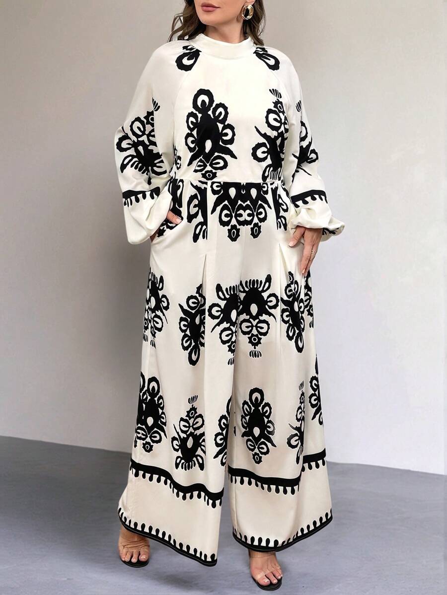 SHEIN Privé 大码女式春秋假期优雅花卉印花阔腿连体裤,带口袋,拼色无袖连体裤 - 彩色 - 查看 1
