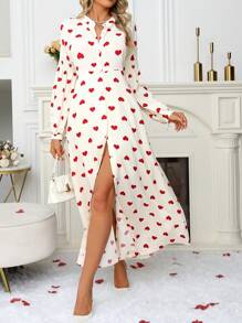 SHEIN Clasi Vestido camisero largo con botones y estampado de corazones en toda la prenda, un diseño casual y dulce para mujer - Multicolor - Ver 3