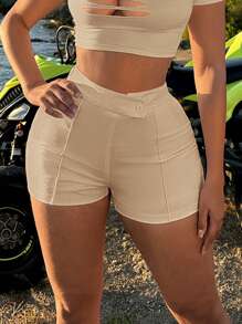 SHEIN SXY Women's Solid Color Front Button Minimalist Casual Shorts, Daily Wear - Khaki - View 4