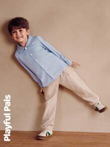 SHEIN 2 piezas Conjuntos básicos casuales para niños: Parte superior clásica azul y pantalones cargo caqui. Camisa de manga larga y traje de pantalones largos. Lindo/Retro/Casual para la escuela y actividades al aire libre, atuendos de primavera - Multicolor - Ver 3