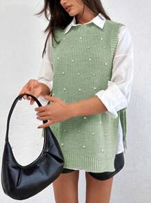 EURMUSE Round Neck Sleeveless Sweater With Pearls - Mint Green - View 3