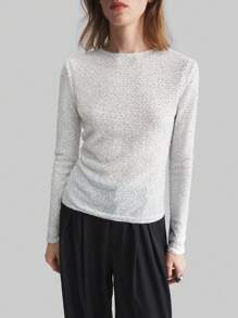 Ontre White Sequin Textured Embroidered Top,Round Neck Long Sleeve Fitted Ladies Blouse,Light Grey,Autumn,Smart Casual,Everyday,Valentine's Day,Urban Style - Apricot - View 1