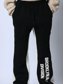 SUMWON Color Block Flared Sweatpants Wide Leg Pants Retro Training Pants Brooklyn Division Split Leg Workout Performance Track Bottoms Comfort Sports - Black - View 5