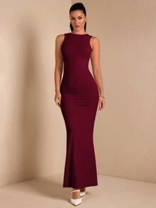 SHEIN BAE 杏色性感简约优雅露背无袖女士连衣裙，适合鸡尾酒会、浪漫约会、秋冬分层穿着、聚会、派对、正式活动、婚礼、万圣节、圣诞节 - 酒紅色 - 查看 8