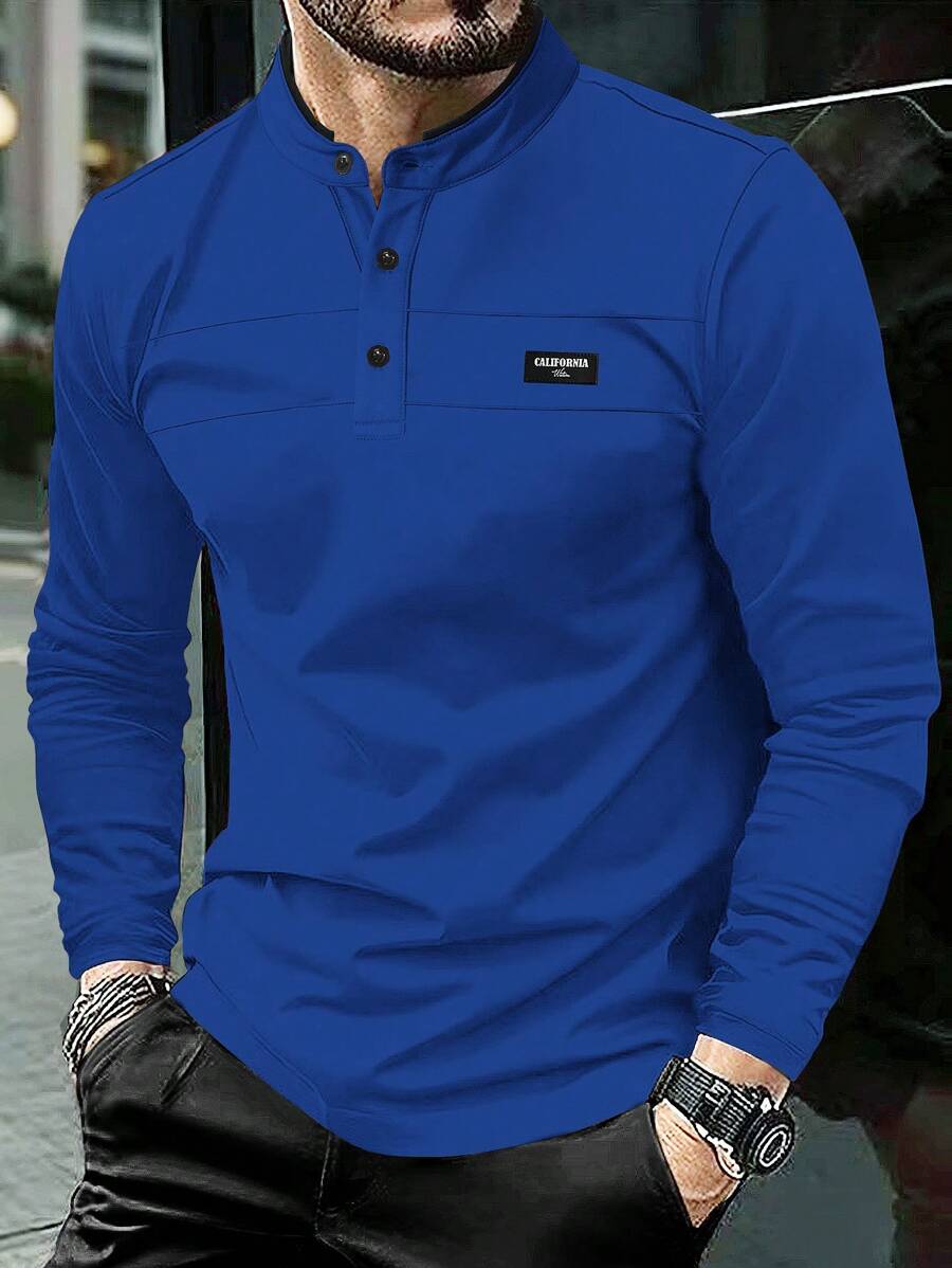 Manfinity Homme 秋季男士休闲字母印花 Polo 衫 - 藍色 - 查看 1