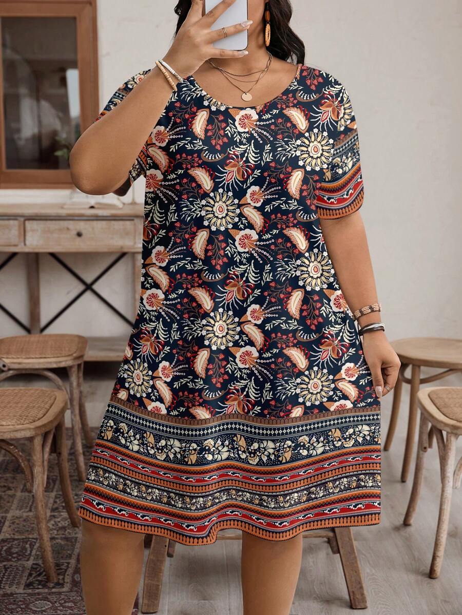 EMERY ROSE Casual Vintage Floral Pattern Loose Round Neck Short Sleeve Plus Size Dress, Suitable For Summer,Beach Dress Sundress,Holiday Outfits Boho Suitable For Going Out Chic Dress,Flower/Vacation/Spring - Black - View 1