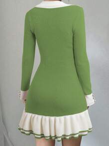 Chiquease Damen einfarbiges Patchwork-Strickkleid mit Knopfleiste und Langarm - Grün - Übersicht 2