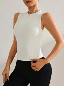 Easithlete Casual Solid Color Seamless Racerback Tank Top - Beige - View 4