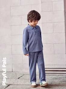 SHEIN 2 件套年轻男孩套装牛仔彩色条纹基本休闲长袖 Polo 衫和长裤套装可爱/复古/休闲/外出秋冬/春季适合上学和外出 - 藍色 - 查看 4
