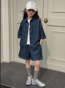 Dazy Kids 2pcs Tween Girl Tween Girl Denim Collared Shirt And Shorts Set, Autumn - Dark Wash - View 1