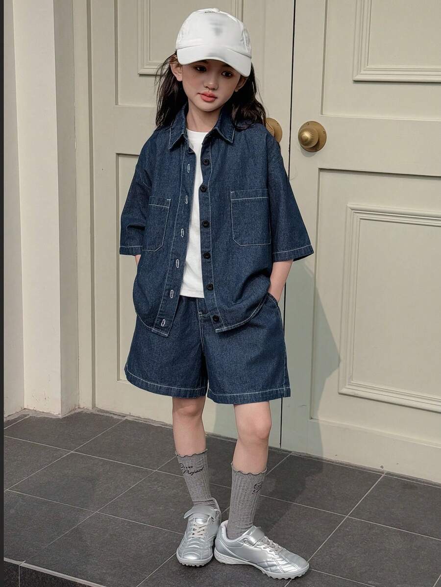 Dazy Kids 2pcs Tween Girl Tween Girl Denim Collared Shirt And Shorts Set, Autumn - Dark Wash - View 1