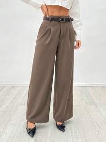 SHEIN PETITE 女士棕色西装裤（含腰带） - 棕色 - 查看 4