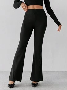 SHEIN Tall 黑色针织高弹罗纹女式高腰紧身喇叭裤 - 黑色 - 查看 3