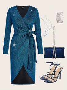 Ellevyn Women's Party V-Neck Wrap Sequined Long Sleeve Midi Wrap Dress, Blue
