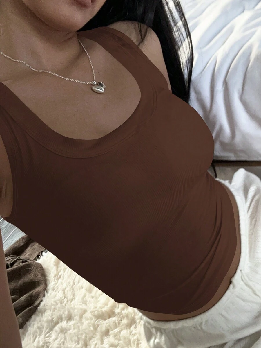SHEIN EZwear 休闲纯色圆领褶皱腰垫胸罩免费背心,适合女士,秋季和夏季 - 巧克力棕 - 查看 1