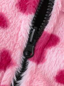 SHEIN Young Girls Fashionable Reversible Heart Pattern Plush Hooded Zipper Jacket - Hot Pink - View 8