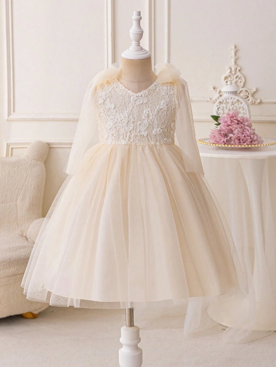 Glamorique Kids Young Girls Dress, V-Neck Lace Floral, Sleeveless Tulle Bow Decor, Elegant Performance Ruffled Dress, Suitable For Flower Girl, Presenter - Champagne - View 1