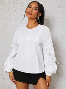 SHEIN SXY Women's Casual Solid Color Ruched Bow Decor Lantern Sleeve T-Shirt, Autumn - White - View 5