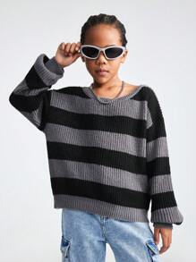SHEIN Tween Girl Loose Fit Black & Grey Striped Round Neck Drop Shoulder Long Sleeve Sweater, Casual For Autumn/Winter - Multicolor - View 1