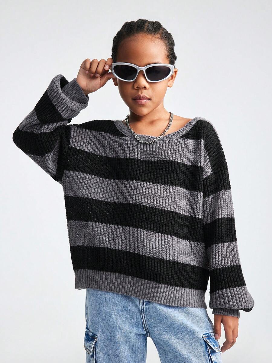 SHEIN Tween Girl Loose Fit Black & Grey Striped Round Neck Drop Shoulder Long Sleeve Sweater, Casual For Autumn/Winter - Multicolor - View 1