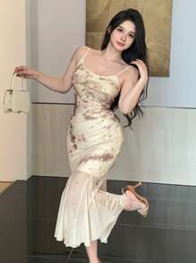 DAZY Robe en maille avec fleur incrustée sur le corps, robe mi-longue élégante en mousseline pour femme - Nude - Voir 4