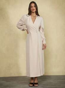 Forever 21 Women's Elegant Double Breasted Long Dress, Solid Color, Suitable For Parties - Apricot - View 5