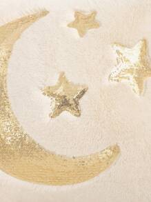 1pc Gold Sequin Cushion Cover, Plush Embroidered Crescent Moon & Star Decor For Eid - Beige - View 5