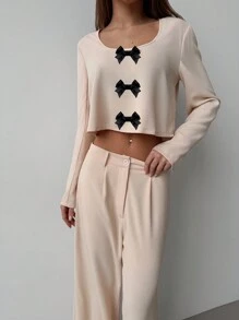 Aloruh 2 pièces Ensemble top à manches longues et pantalon long décontracté femme avec décoration de nœud, automne - Nude - Voir 1