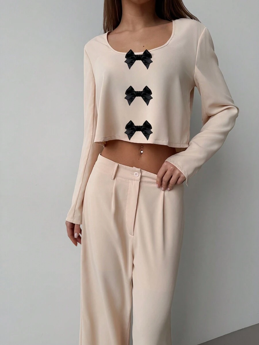 Aloruh 2 pièces Ensemble top à manches longues et pantalon long décontracté femme avec décoration de nœud, automne - Nude - Voir 1