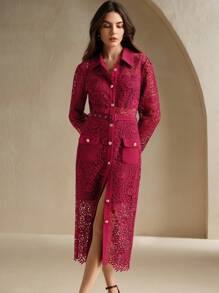 Anewsta Vestido elegante francés de unicolor con encaje frontal, botones en la cintura y cierre a la cintura - Rojo - Ver 7