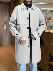 Claim Dot Men's Solid Color Single-Breasted Long Casual Trench Coat, Autumn - Beige - View 4