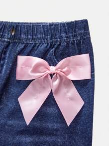 SHEIN Tween Girls Knitted Bowknot Decor Flare Pants - Blue - View 3