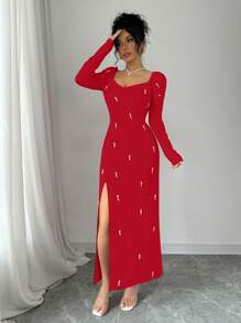 Rafferiza Sexy French High-End Beaded Slit Dress - Red - View 4