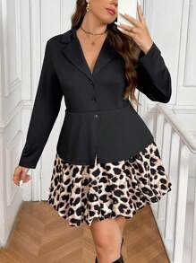 SHEIN Frenchy Plus Size Elegant & Romantic Leopard Splice Floral Hem Knee-Length Fitted Dress With Collar, Suitable For Valentine's Day, Party, Style