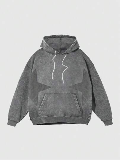 Street Life Men's Casual Street Style Star Graphic Kangaroo Pocket Drop Shoulder Loose Drawstring Hoodie, Spring And Autumn