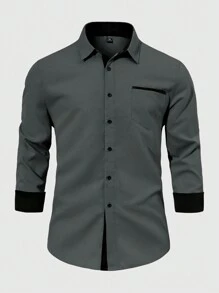 Manfinity Mode 大码男士纯色休闲商务衬衫，简约风格，适合日常穿着 - 灰色 - 查看 1