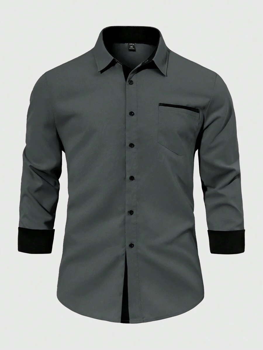 Manfinity Mode 大码男士纯色休闲商务衬衫，简约风格，适合日常穿着 - 灰色 - 查看 1