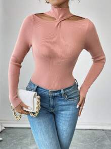 SHEIN Unity كنزة صوفية محبوكة طويلة الأكمام بياقة عالية وفتحات على الكتف للنساء في فصلي الخريف والشتاء - وردي المرجاني - مشاهدة 5