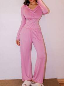SweetSlumber Conjunto de pijama de mujer con cuello redondo y encaje con estilo "ins"