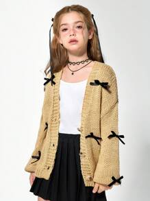 SHEIN 少女針織開襟衫，寬鬆版型黑色蝴蝶結裝飾開襟衫，適合秋季，可愛返校假期日常穿著，派對與萬聖節 - 卡其色 - 查看 5